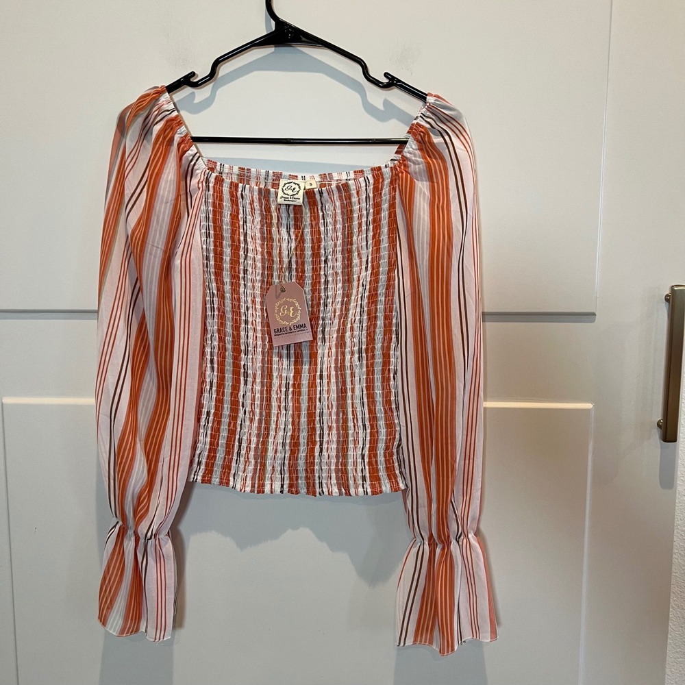 Grace & Emma Striped Smocked Square Neck‎ Cropped Long Sleeve Blouse Top Women S